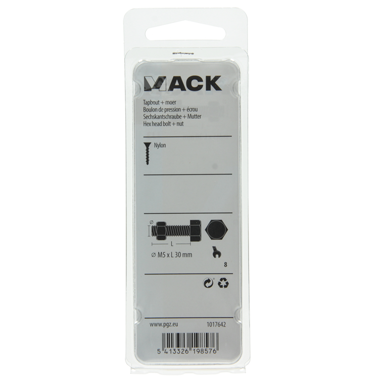 Mack 1017642 - tapbout + moer nylon 6 st m5 x 30 mm | 10 stuks