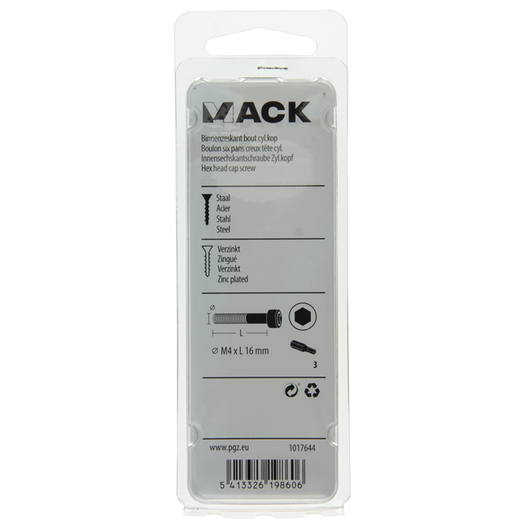 Mack 1017644 - binnenzeskant bout cyl.kop verz. 12 st m4 x 16 mm | 10 stuks