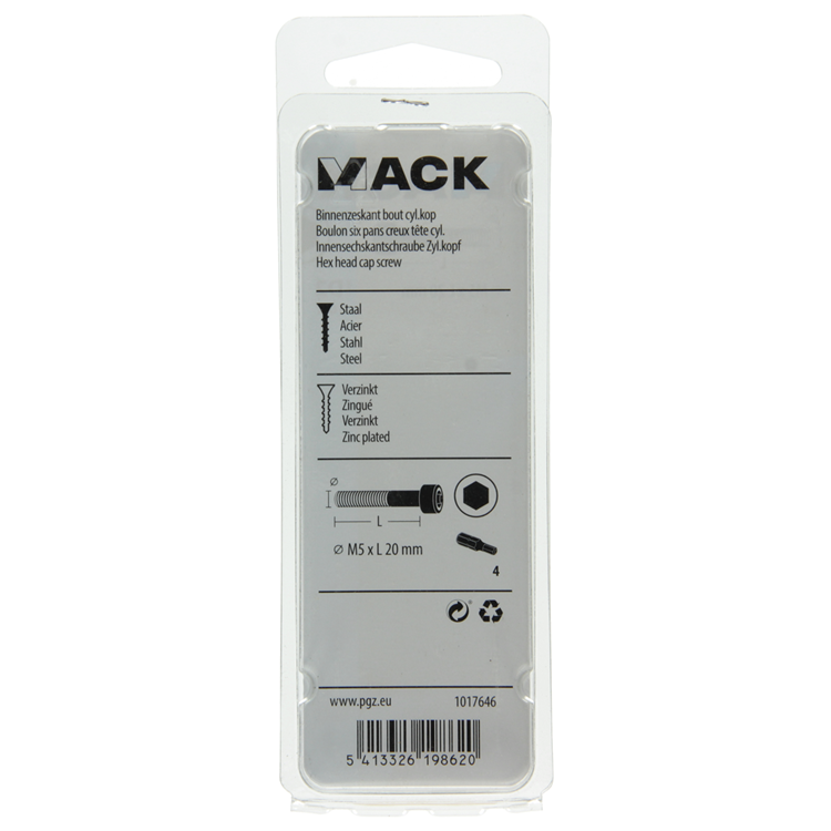 Mack 1017646 - binnenzeskant bout cyl.kop verz. 10 st m5 x 20 mm | 10 stuks