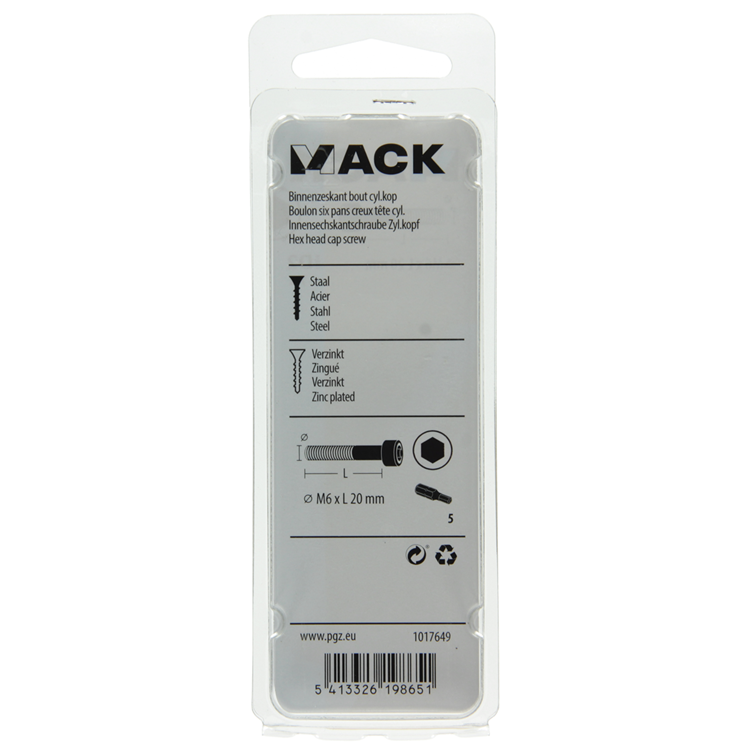 Mack 1017649 - binnenzeskant bout cyl.kop verz. 7 st m6 x 20 mm | 10 stuks