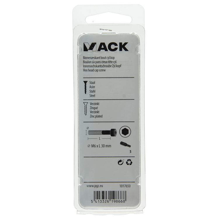 Mack 1017650 - binnenzeskant bout cyl.kop verz. 6 st m6 x 30 mm | 10 stuks