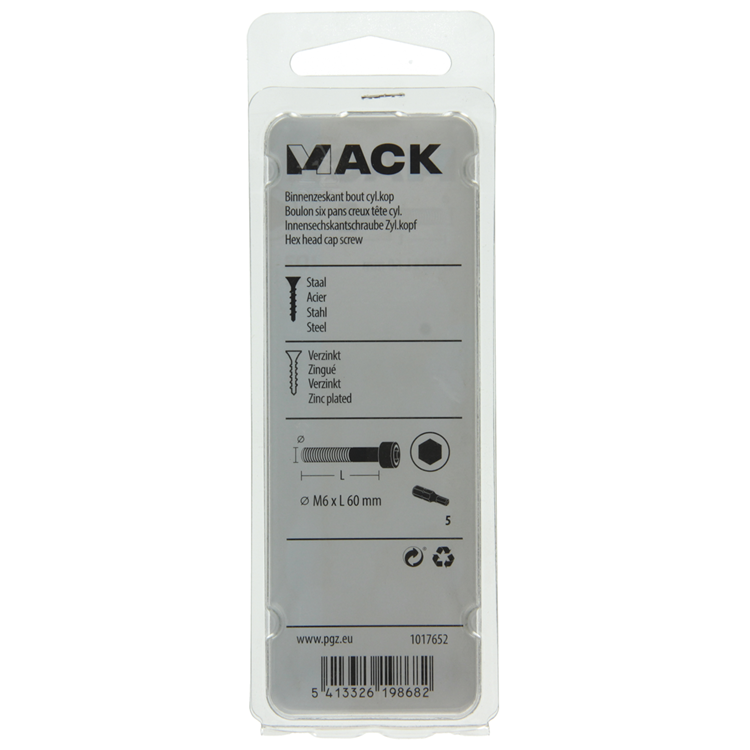 Mack 1017652 - binnenzeskant bout cyl.kop verz. 4 st m6 x 60 mm | 10 stuks