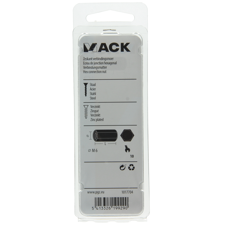 Mack 1017704 - zeskant verbindingsmoer verzinkt 3 st m6 | 10 stuks