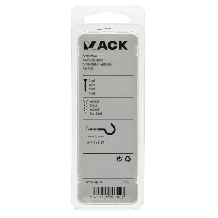 Mack 1017796 - schroefhaak staal verzinkt 15 st 3,0 x 12 mm | 10 stuks