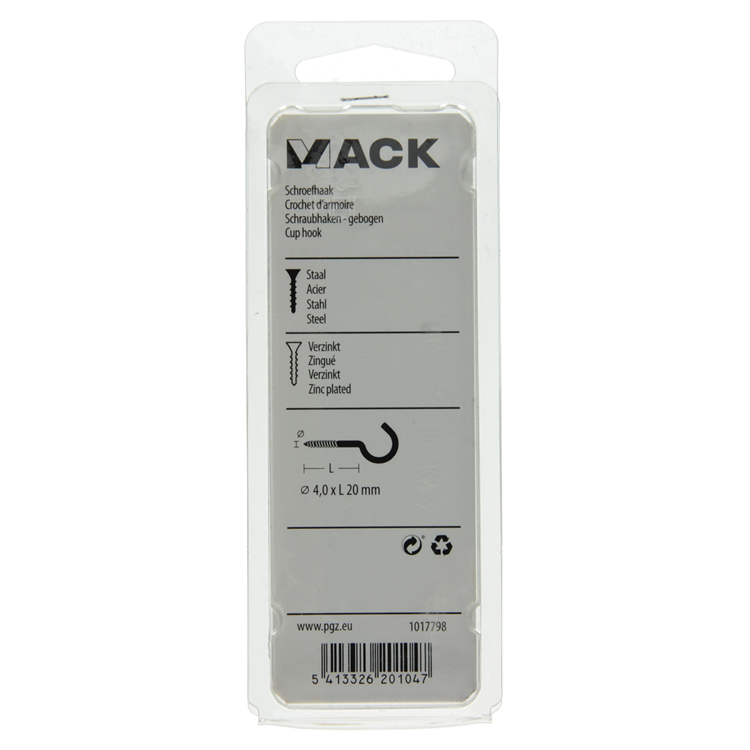 Mack 1017798 - schroefhaak staal verzinkt 8st 4,0 x 20 mm | 10 stuks