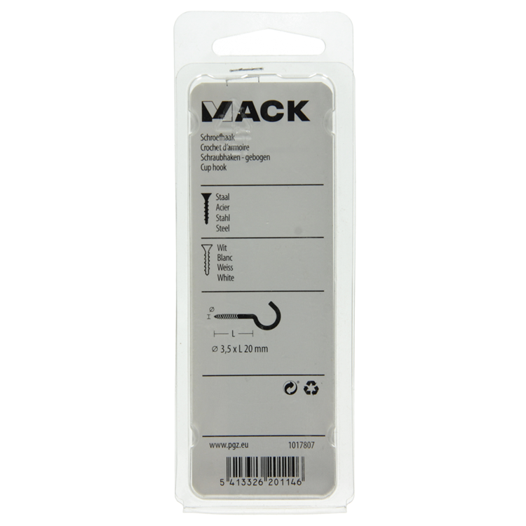 Mack 1017807 - schroefhaak staal wit 5 st 3,5 x 20 mm | 10 stuks