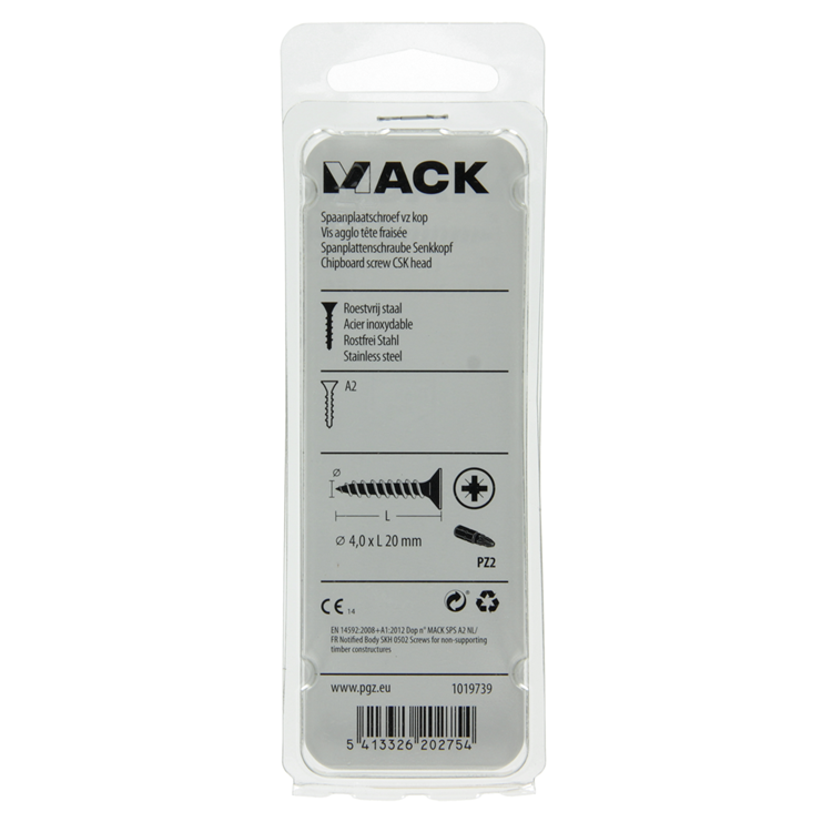 Mack 1019739 - spaanplaatschroef vz kop rvs 17 st 4,0 x 20 mm | 10 stuks
