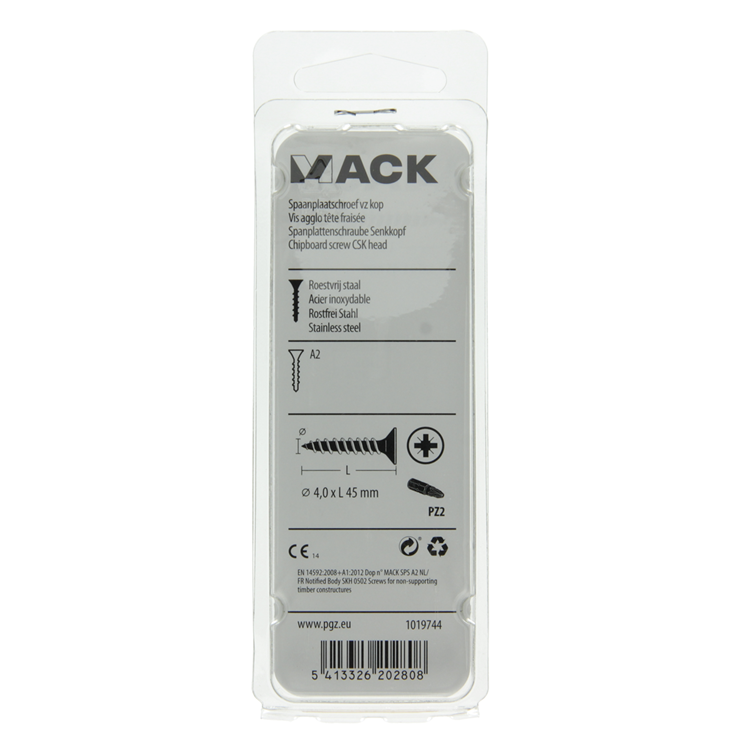 Mack 1019744 - spaanplaatschroef vz kop rvs 9 st 4,0 x 45 mm | 10 stuks