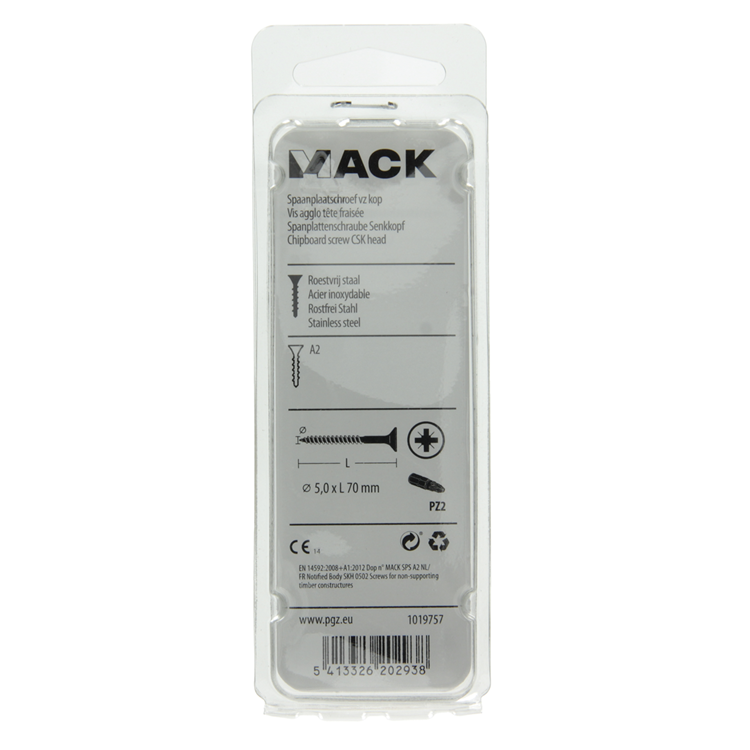 Mack 1019757 - spaanplaatschroef vz kop rvs 6 st 5,0 x 70 mm | 10 stuks