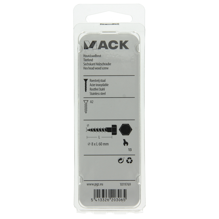 Mack 1019769 - houtdraadbout roestvrijstaal 2 st 8 x 60 mm | 10 stuks