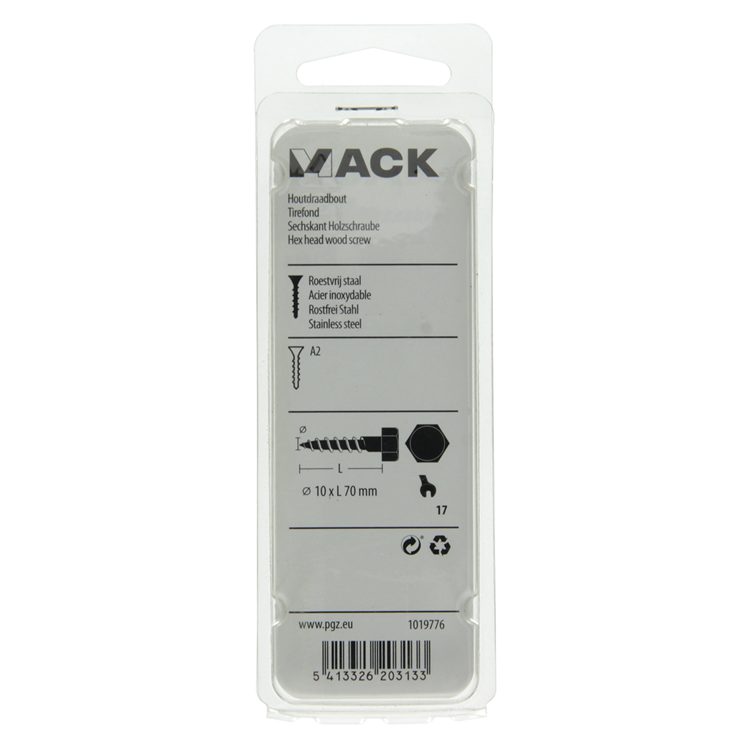 Mack 1019776 - houtdraadbout roestvrijstaal 2st 10 x 70 mm | 10 stuks