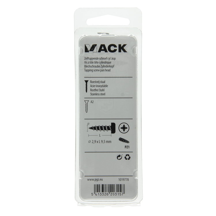 Mack 1019778 - zelftappende schroef cyl.kop a2 20 st 2,9 x 9,5 mm | 10 stuks
