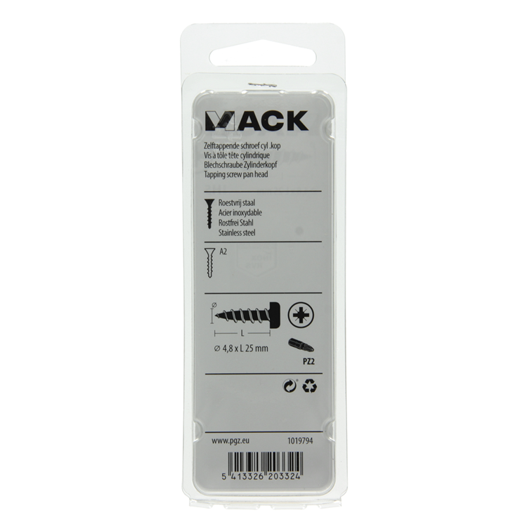 Mack 1019794 - zelftappende schroef cyl.kop a2 8 st 4,8 x 25 mm | 10 stuks