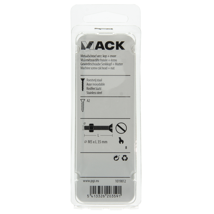 Mack 1019812 - metaalschroef verz. kop + moer rvs 5 st m5x35 | 10 stuks