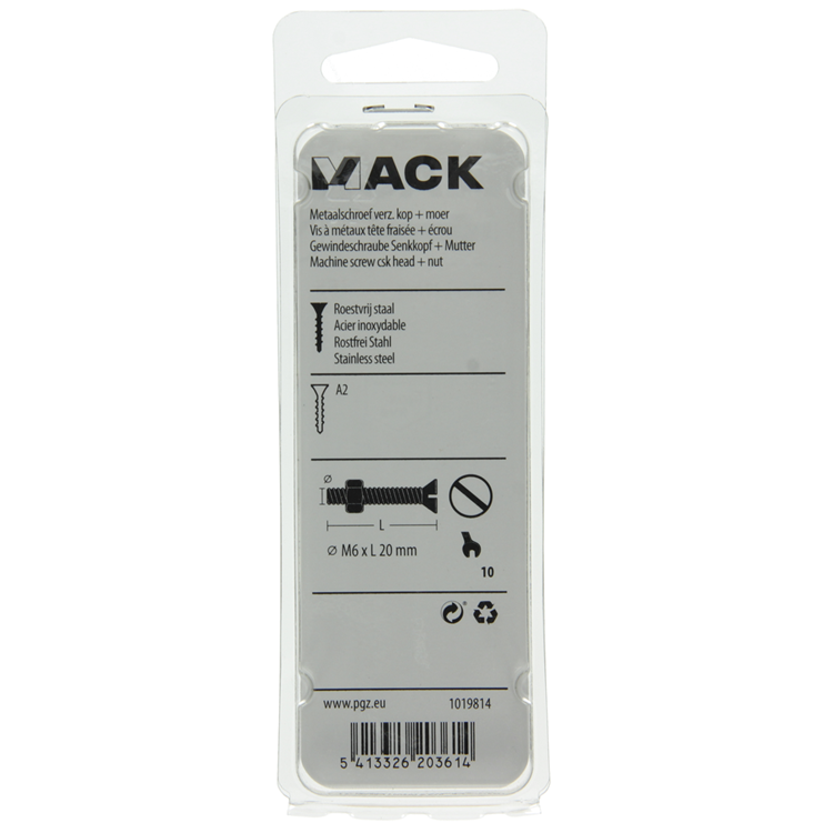 Mack 1019814 - metaalschroef verz. kop + moer rvs 5 st m6x20 | 10 stuks