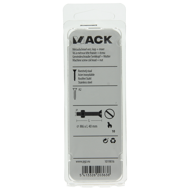 Mack 1019816 - metaalschroef verz. kop + moer rvs 3 st m6x40 | 10 stuks
