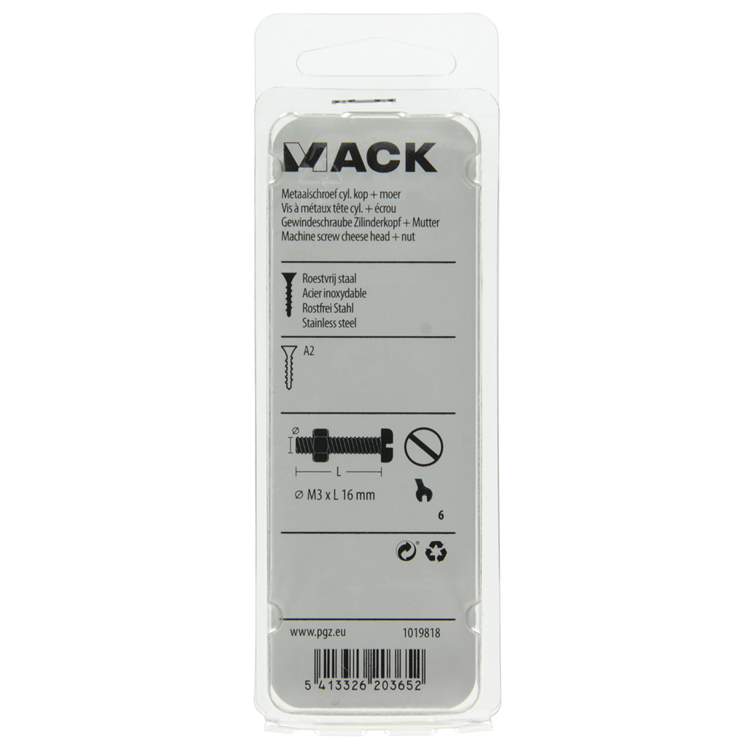 Mack 1019818 - metaalschroef cyl. kop + moer rvs 12 st m3x16 | 10 stuks