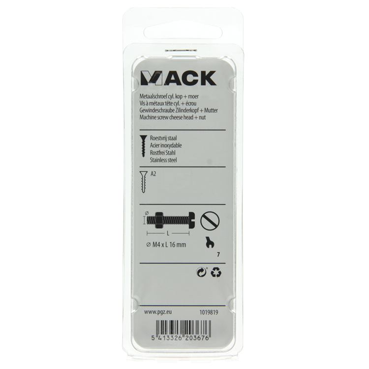 Mack 1019819 - metaalschroef cyl. kop + moer rvs 12 st m4x16 | 10 stuks