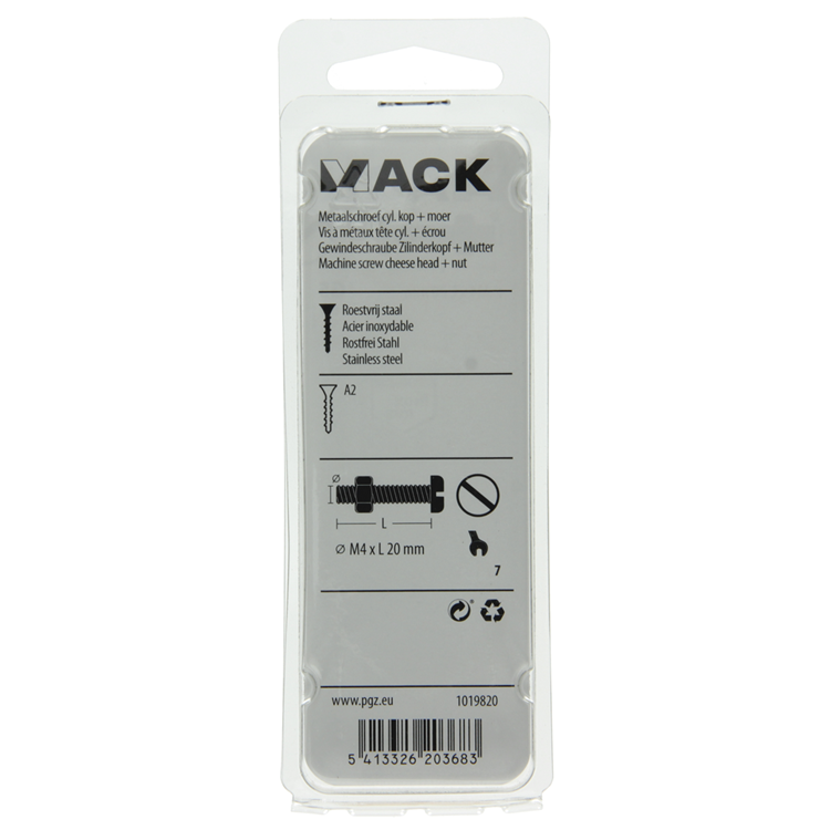 Mack 1019820 - metaalschroef cyl. kop + moer rvs 10 st m4x20 | 10 stuks
