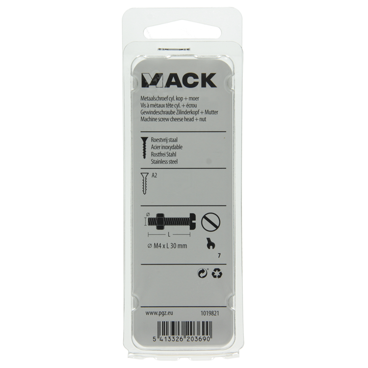 Mack 1019821 - metaalschroef cyl. kop + moer rvs 9 st m4x30 | 10 stuks