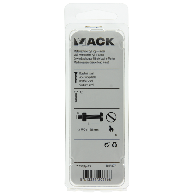 Mack 1019827 - metaalschroef cyl. kop + moer rvs 5 st m5x40 | 10 stuks