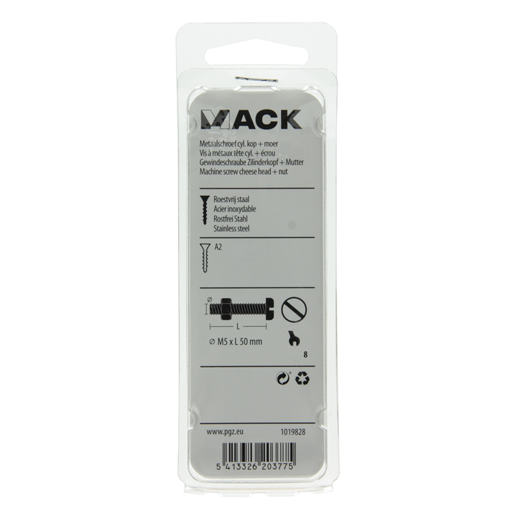 Mack 1019828 - metaalschroef cyl. kop + moer rvs 4 st m5x50 | 10 stuks