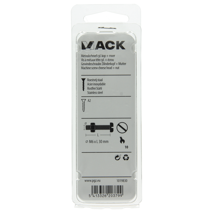 Mack 1019830 - metaalschroef cyl. kop + moer rvs 4 st m6x30 | 10 stuks