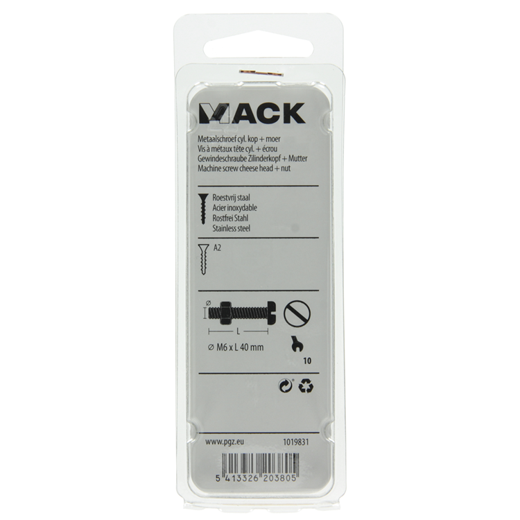 Mack 1019831 - metaalschroef cyl. kop + moer rvs 3 st m6x40 | 10 stuks