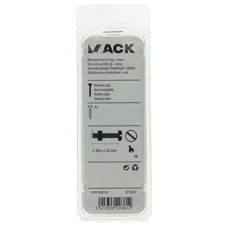 Mack 1019832 - metaalschroef cyl. kop + moer rvs 2 st m6x60 | 10 stuks