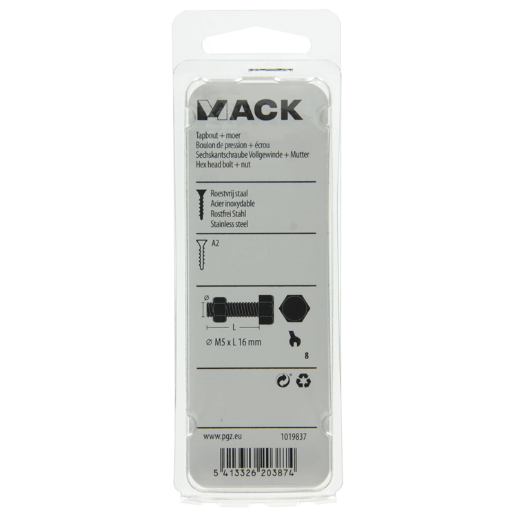 Mack 1019837 - tapbout + moer roestvrijstaal 7 st m5x16 | 10 stuks