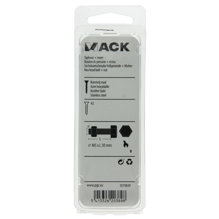 Mack 1019839 - tapbout + moer roestvrijstaal 5 st m5x30 | 10 stuks