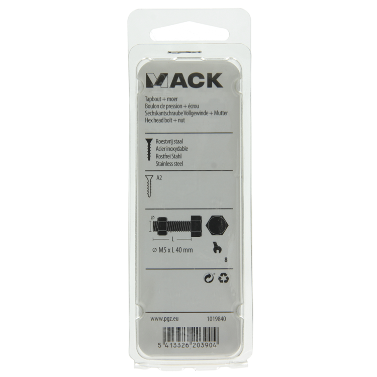 Mack 1019840 - tapbout + moer roestvrijstaal 5 st m5x40 | 10 stuks