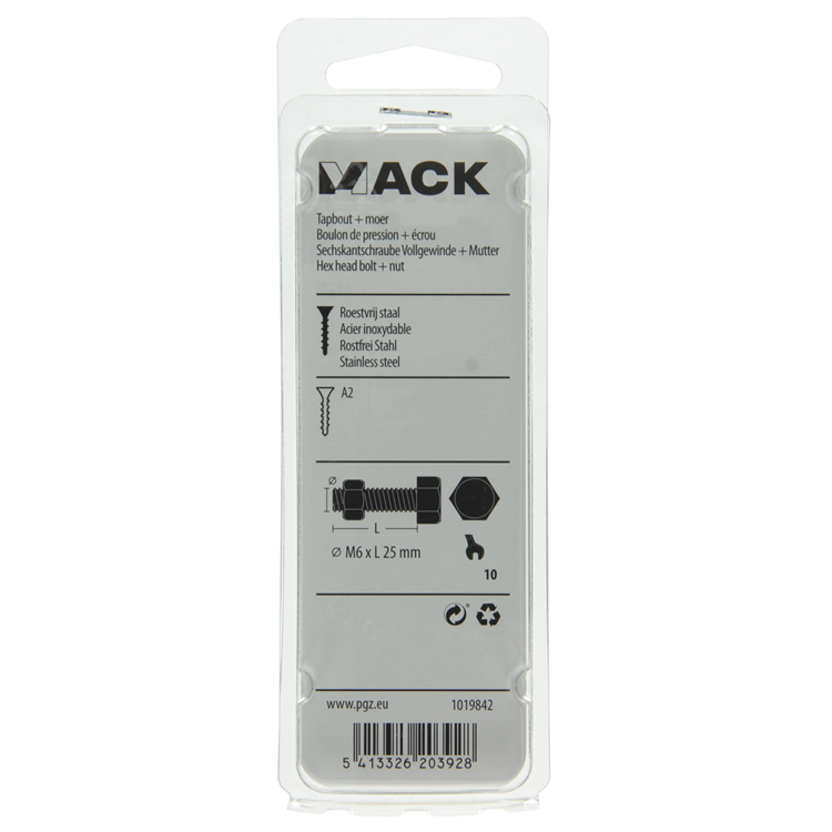Mack 1019842 - tapbout + moer roestvrijstaal 5 st m6x25 | 10 stuks