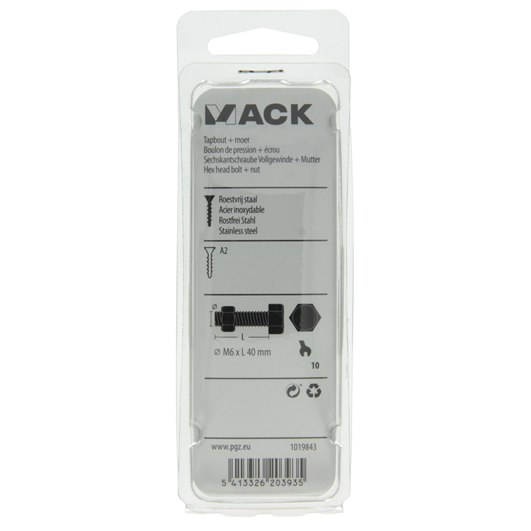 Mack 1019843 - tapbout + moer roestvrijstaal 4 st m6x40 | 10 stuks