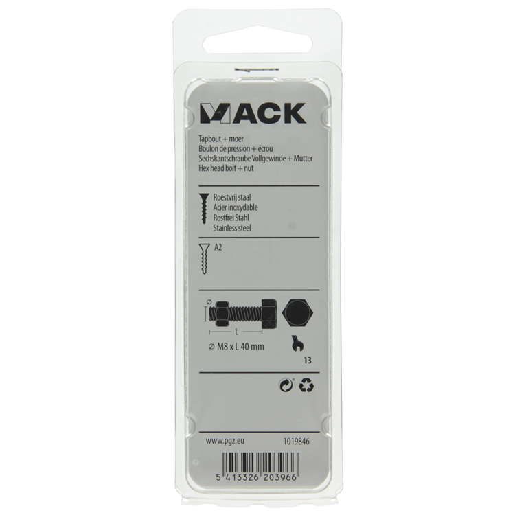 Mack 1019846 - tapbout + moer roestvrijstaal 2 st m8x40 | 10 stuks