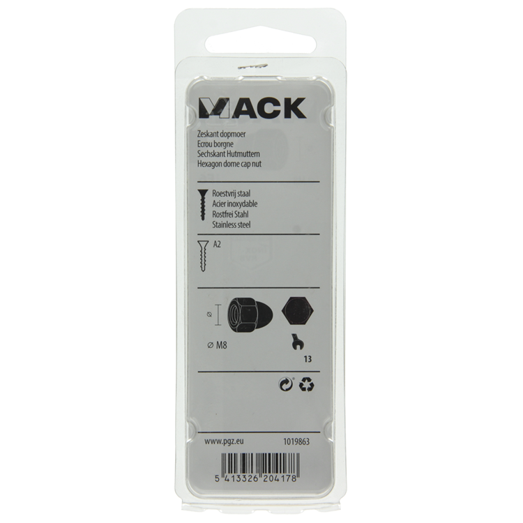 Mack 1019863 - zeskant dopmoer inox a2 2st m8 | 10 stuks