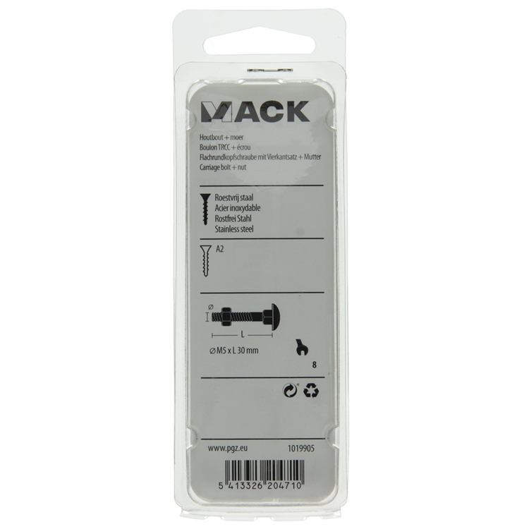 Mack 1019905 - houtbout + moer roestvrijstaal 6 st m5x30 mm | 10 stuks