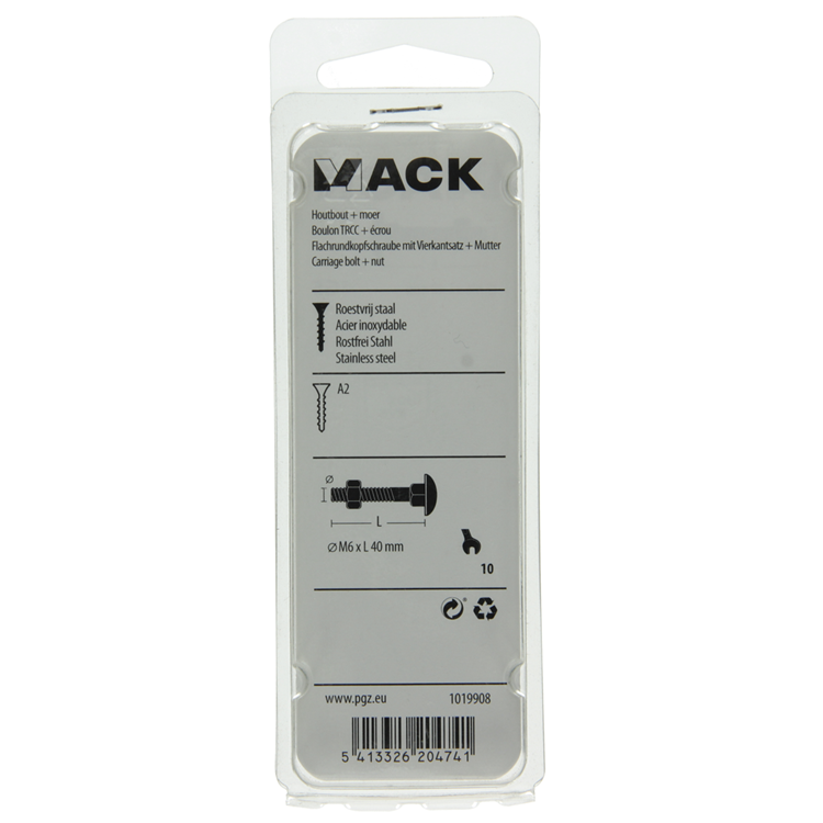Mack 1019908 - houtbout + moer roestvrijstaal 4 st m6x40 mm | 10 stuks