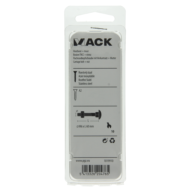 Mack 1019910 - houtbout + moer roestvrijstaal 2 st m6 x 60 mm | 10 stuks