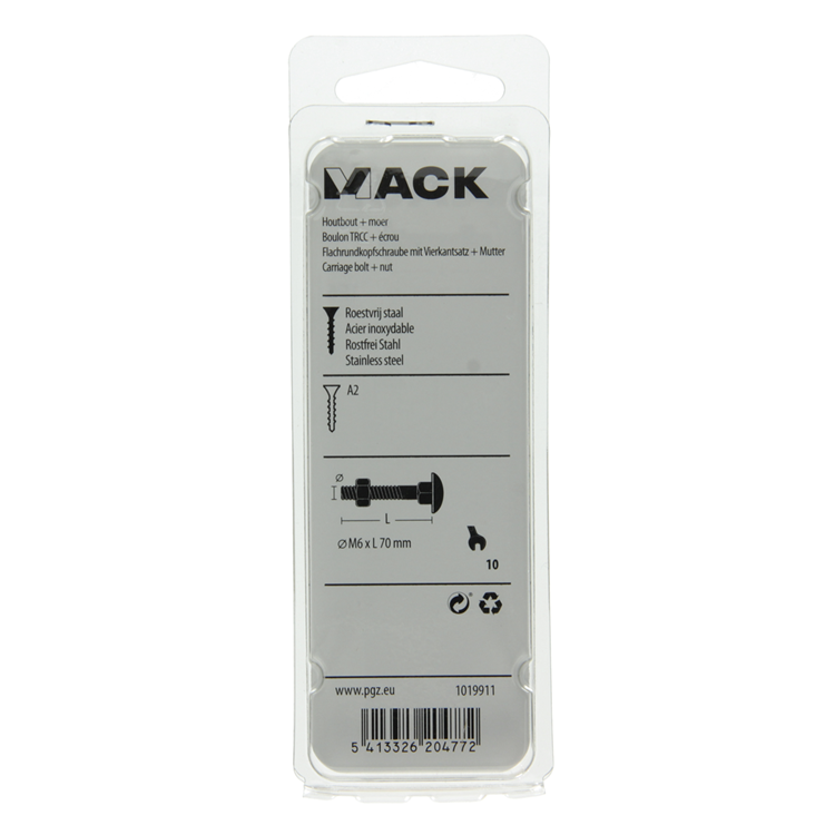 Mack 1019911 - houtbout + moer roestvrijstaal 2 st m6 x 70 mm | 10 stuks