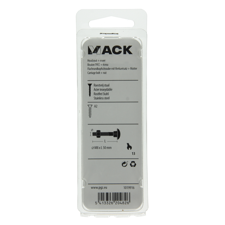 Mack 1019916 - houtbout + moer roestvrijstaal 3 st m8 x 50 mm | 5 stuks