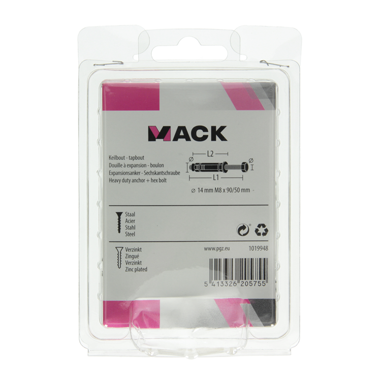 Mack 1019948 - keilbout 6-kant bout verzinkt 2 st m8x90 14x50 | 5 stuks