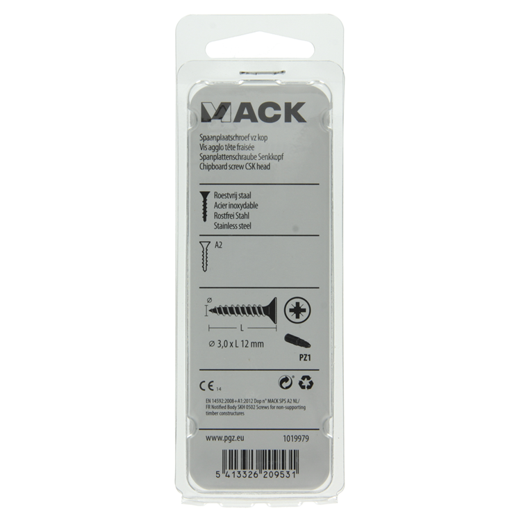 Mack 1019979 - spaanplaatschroef vz kop rvs 130 st 3,0 x 12 mm | 5 stuks