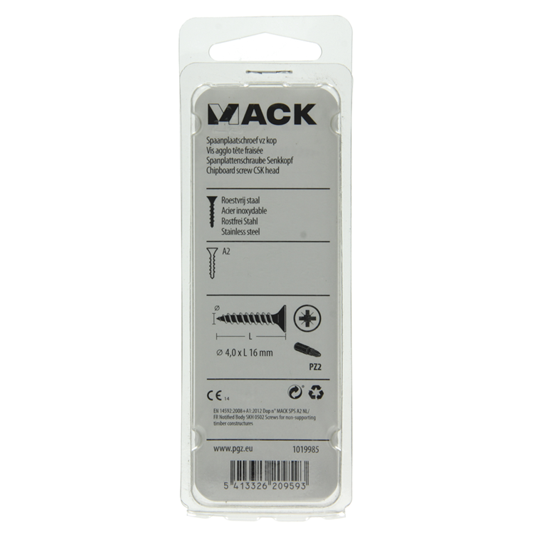 Mack 1019985 - spaanplaatschroef vz kop rvs 90 st 4,0 x 16 mm | 5 stuks