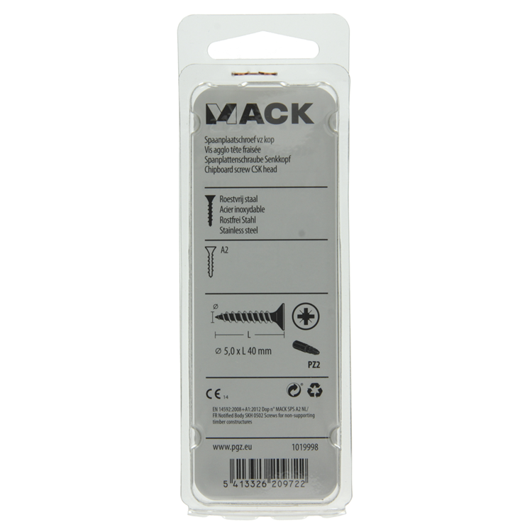 Mack 1019998 - spaanplaatschroef vz kop rvs 30 st 5,0 x 40 mm | 5 stuks