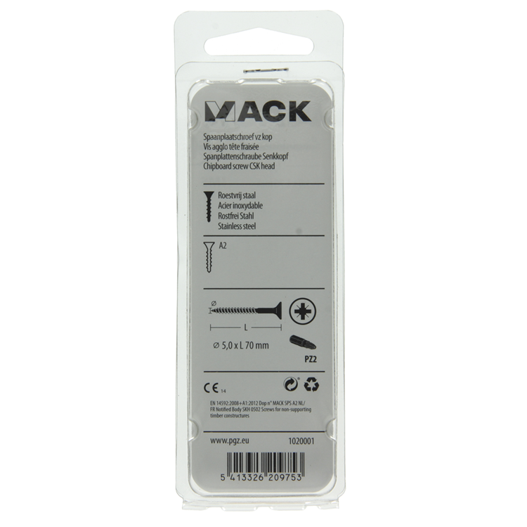 Mack 1020001 - spaanplaatschroef vz kop rvs 18 st 5,0 x 70 mm | 5 stuks