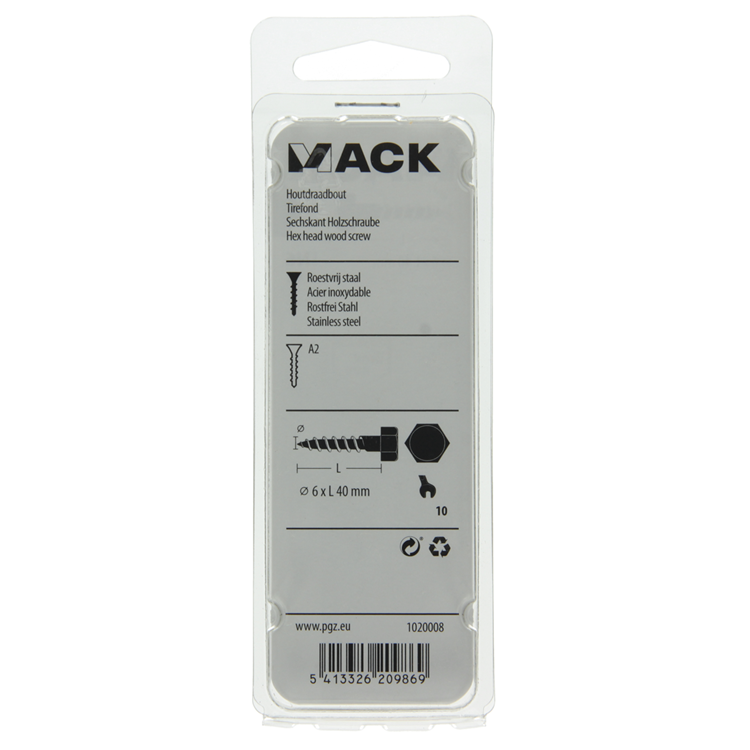 Mack 1020008 - houtdraadbout roestvrijstaal 14 st 6 x 40 mm | 5 stuks