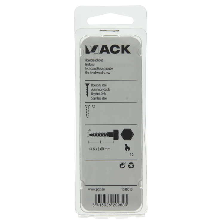 Mack 1020010 - houtdraadbout roestvrijstaal 10 st 6 x 60 mm | 5 stuks