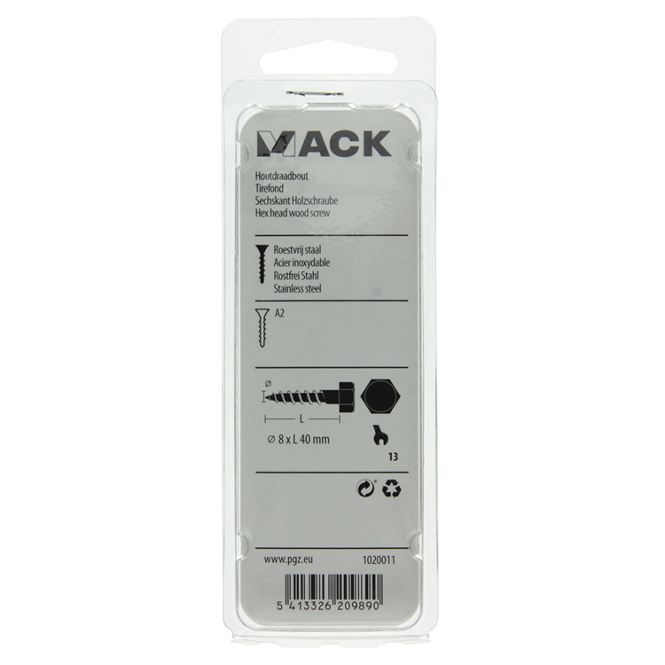 Mack 1020011 - houtdraadbout roestvrijstaal 10 st 8 x 40 mm | 5 stuks