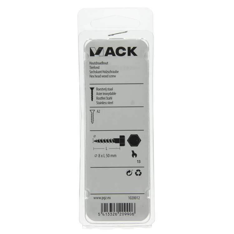 Mack 1020012 - houtdraadbout roestvrijstaal 8 st 8 x 50 mm | 5 stuks